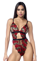 Rose Embroidered Sheer Mesh Cutout Teddy