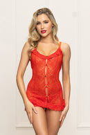 Red Ruffle-Trim Lace-Up Lace Chemise Set