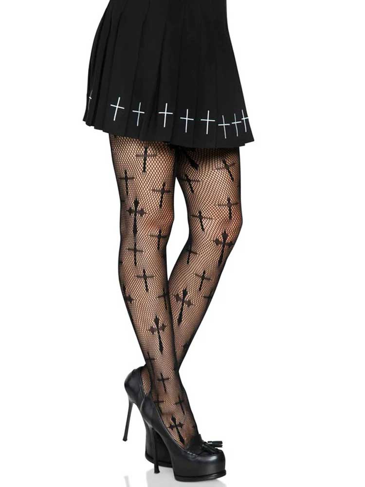 Worship Me Cross Net Tights in Black