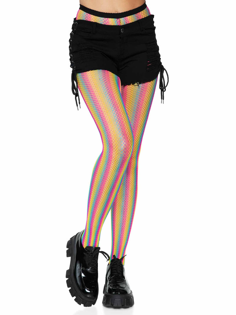 Neon Rainbow Striped Fishnet Tights in Multicolor