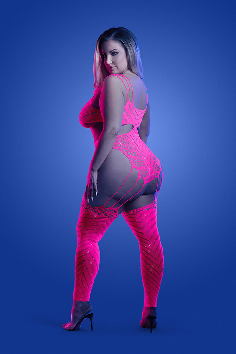 Wavelength Cutout Rhinestone Teddy Bodystocking in Neon Pink Curvy Size