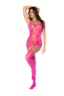 Neon Pink Floral Fishnet Bodystocking