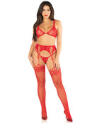 Red Lace Three-Piece Lingerie Set With Garter Stockings