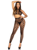 Leopard Net Crop Top and Crotchless Footless Tights Set