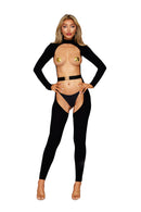 Black Open-Bust Long-Sleeve Bodystocking with Belt