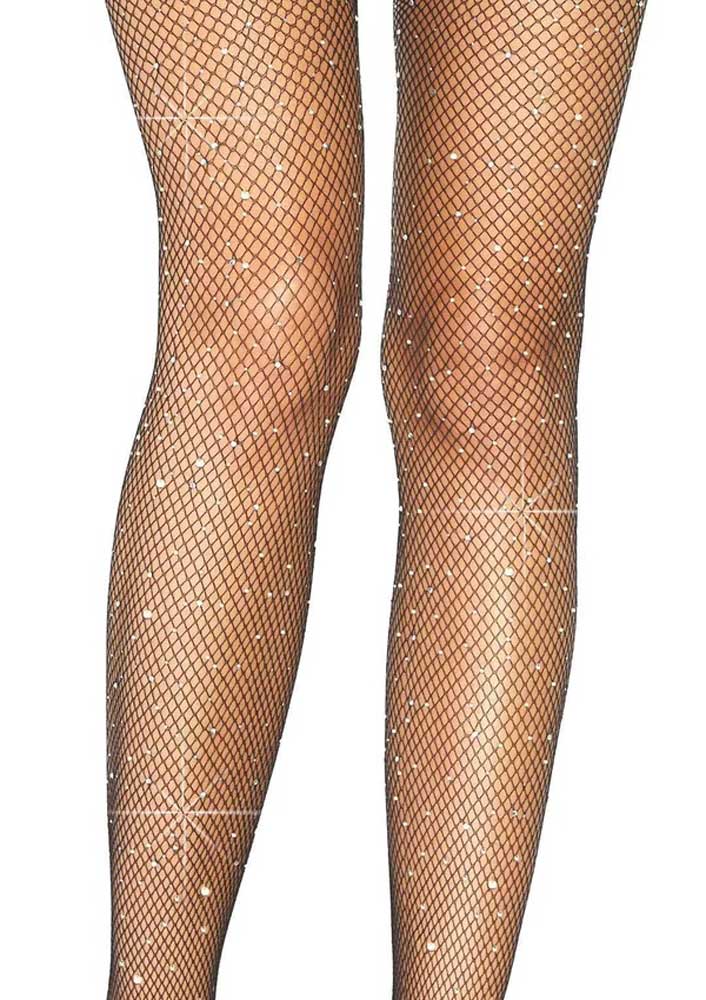 Casey Rhinestone Fishnet Suspender Pantyhose in Black