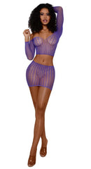 Purple Geometric Open-Knit Off-Shoulder Skirt Set