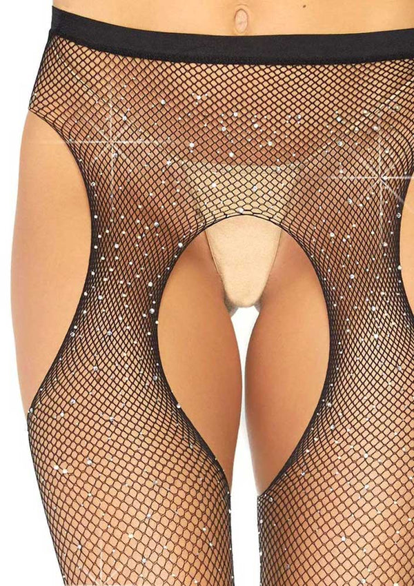 Casey Rhinestone Fishnet Suspender Pantyhose in Black