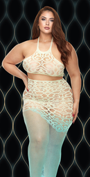 Lace and Fishnet Halter Crop Top and Skirt Set - view 4