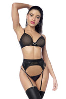 Black Fishnet Three-Piece Lingerie Set With Garter Belt
