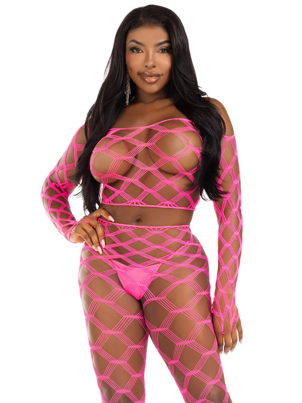 Two Piece Net Crop Top and Footless Tights in Neon Pink