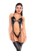Black Wet-Look Ring-Detail Teddy With Attached Garters