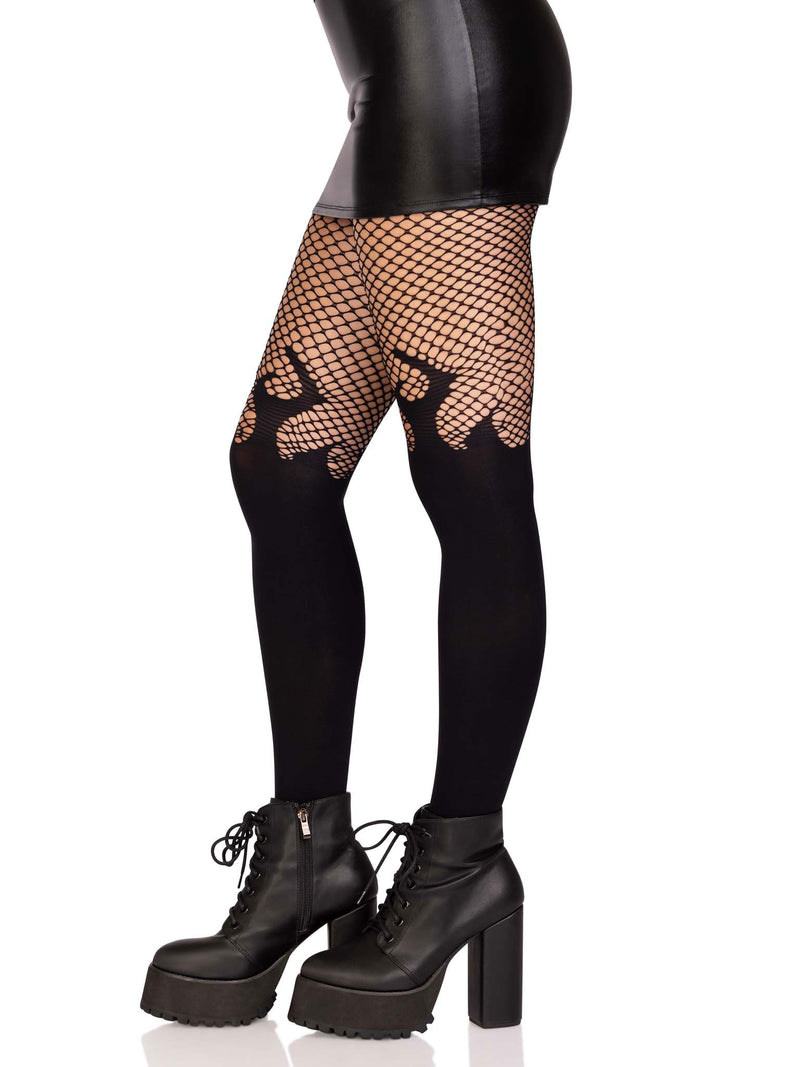 Opaque Flame Tights With Fishnet Top in Black