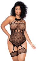 Leopard-Pattern Fishnet Halter Bodysuit With Garter Straps