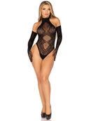 Floral Lace Halter Teddy and Glove Set