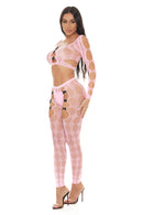 Bow-Trim Cutout Net Crop Top and Leggings Set
