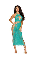 Teal Patterned Net Halter Bodystocking Gown