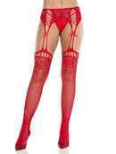 Red Rhinestone Fishnet Stockings With Attached Garter Belt