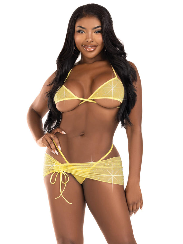 Three Piece Rhinestone Mesh Set in Baby Yellow