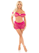 Bow Net Ruffle Bra Top and Mini Skirt Set
