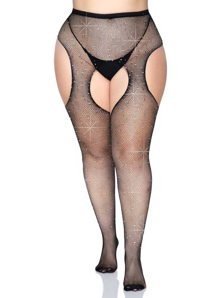 Casey Rhinestone Fishnet Suspender Pantyhose in Black Curvy Size