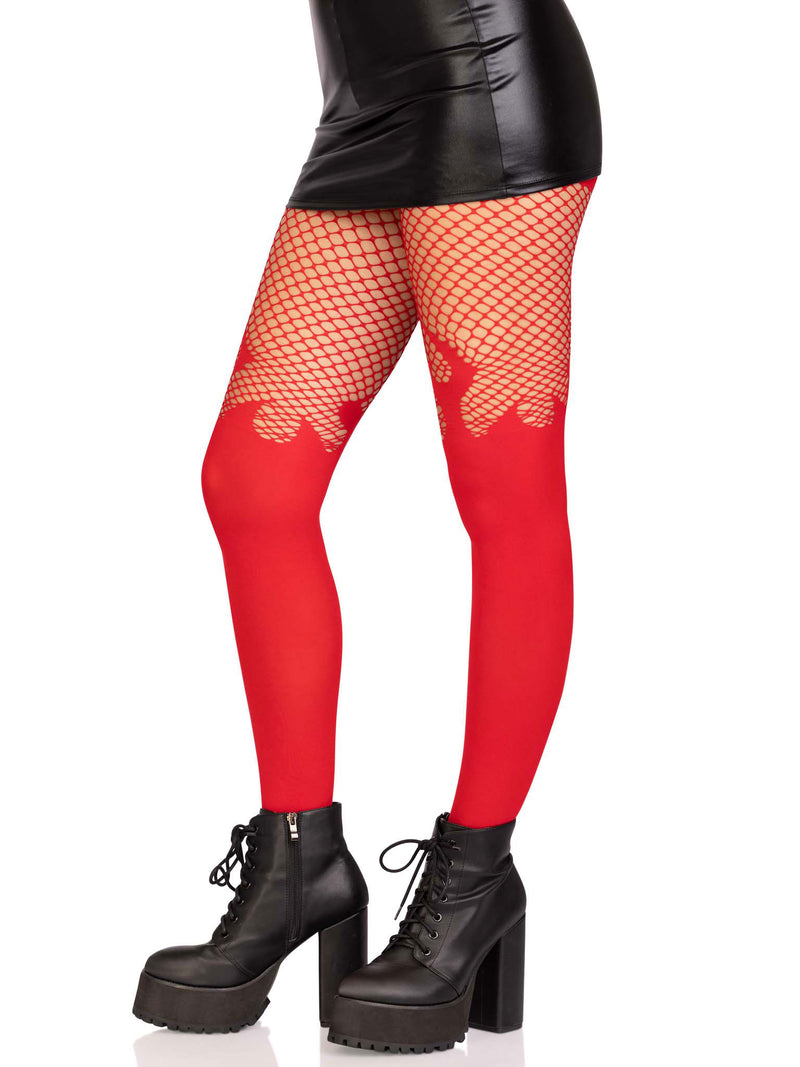 Opaque Flame Tights With Fishnet Top in Red