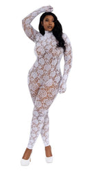 White Floral Net Open-Back Gloved Bodystocking