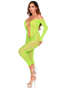 Neon Green Python Net Crotchless Footless Lingerie Jumpsuit