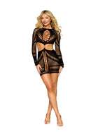 Black Ring-Front Cutout Long-Sleeve Net Chemise