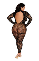 Black Floral Net Open-Back Gloved Bodystocking - view 2