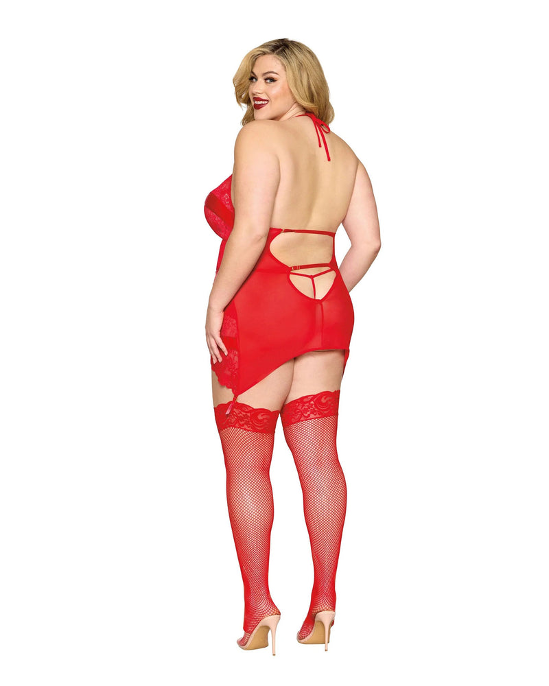 Garter Slip and G-String Dmnd in Red Curvy Size