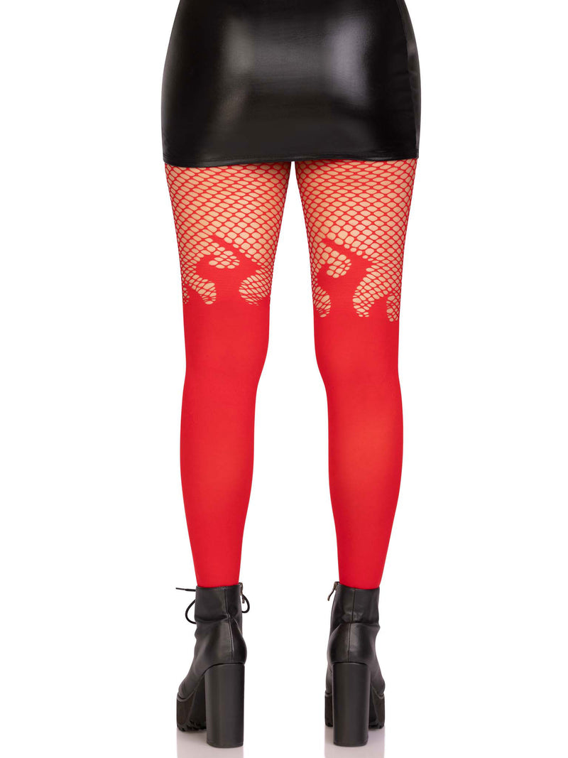 Opaque Flame Tights With Fishnet Top in Red