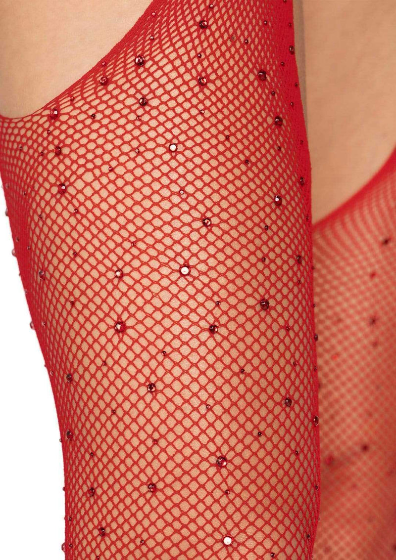 Casey Rhinestone Fishnet Suspender Pantyhose in Red