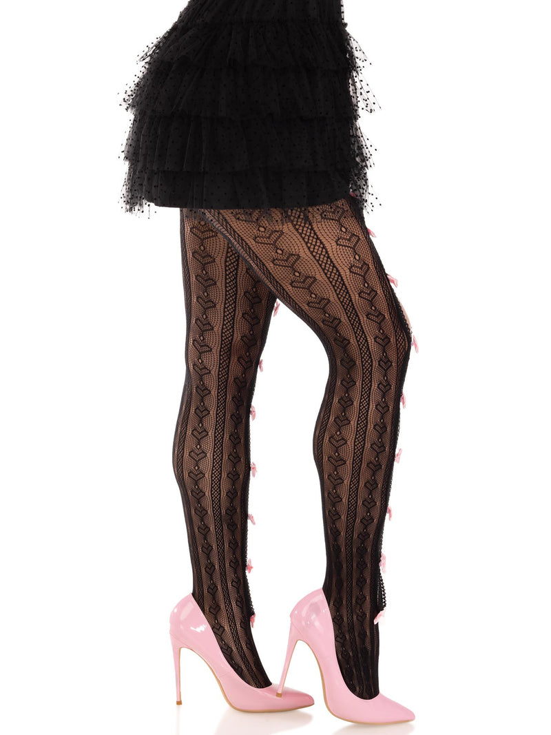 Sweetheart Striped Net Tights With Keyhole and Mini Bow Detail in Black