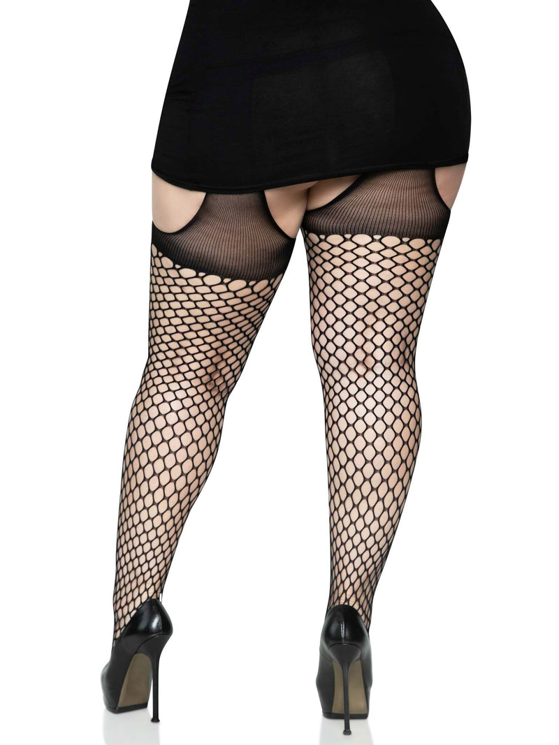 Oval Net Suspender Hose With Opaque Top in Black