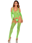 Neon Green Lace Halter Cami with Attached Garter Stockings