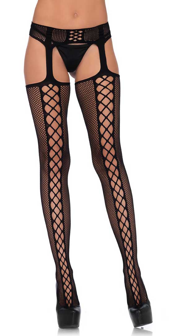 Faux Lace Up Dual Net Back Seam Stockings With Attached Garterbelt
