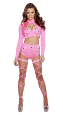 Hot Pink Long Sleeved Crop Top & High Waisted Shorts with Rhinestones