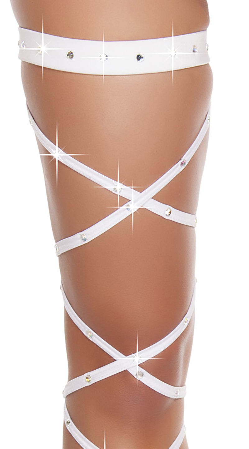 White Solid Leg Strap with Attached Garter & Rhinestone Detail