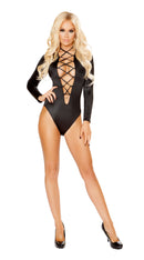 Long Sleeved V Neck Romper with Lace Up Detail