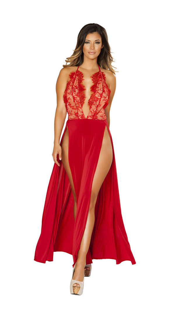 Maxi Length High Slit Dress with Eyelash Lace Detail