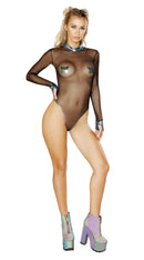 One Piece Sheer Long Sleeved Romper with Collar