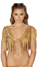 One Piece Brown Tie Dye Suede Crop Top with Fringe Detail