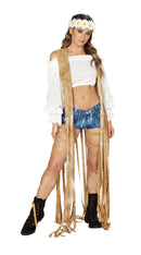 One Piece Brown Tie Dye Suede Vest with Long Fringe Detail