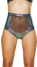 One Piece High-Waisted Short with Sheer Panel and Cross Back