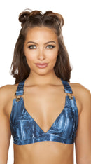 One Piece Denim Printed Bikini Top with Overall Buckle