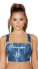 One Piece Denim Print Crop Top with Pocket Front and Overall Buckle Detail