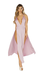 Pink Maxi Length Satin Dress with High Slits & Deep V