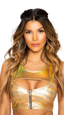 Shiny Metallic Crop Top with Zipper Closure