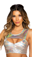 Shiny Metallic Crop Top with Zipper Closure